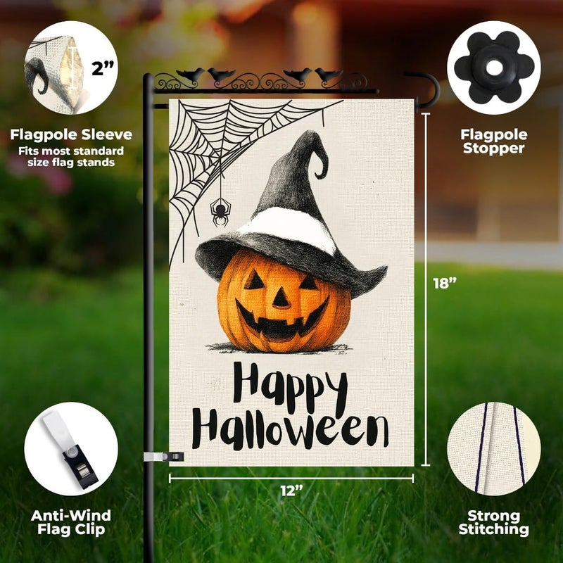 KarvePro Happy Halloween Garden Flag 12x18 Double Sided – Burlap Yard Flag with Pumpkin Wearing Hat and Spider Web for Outdoor Fall Halloween Decor - Image 3
